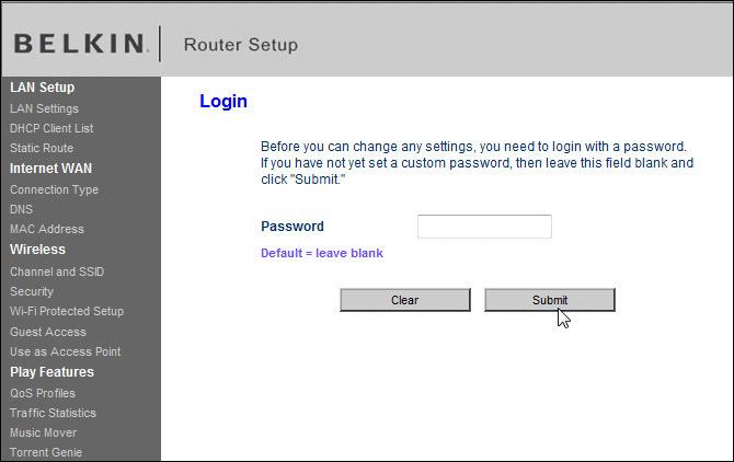 Belkin router management interface